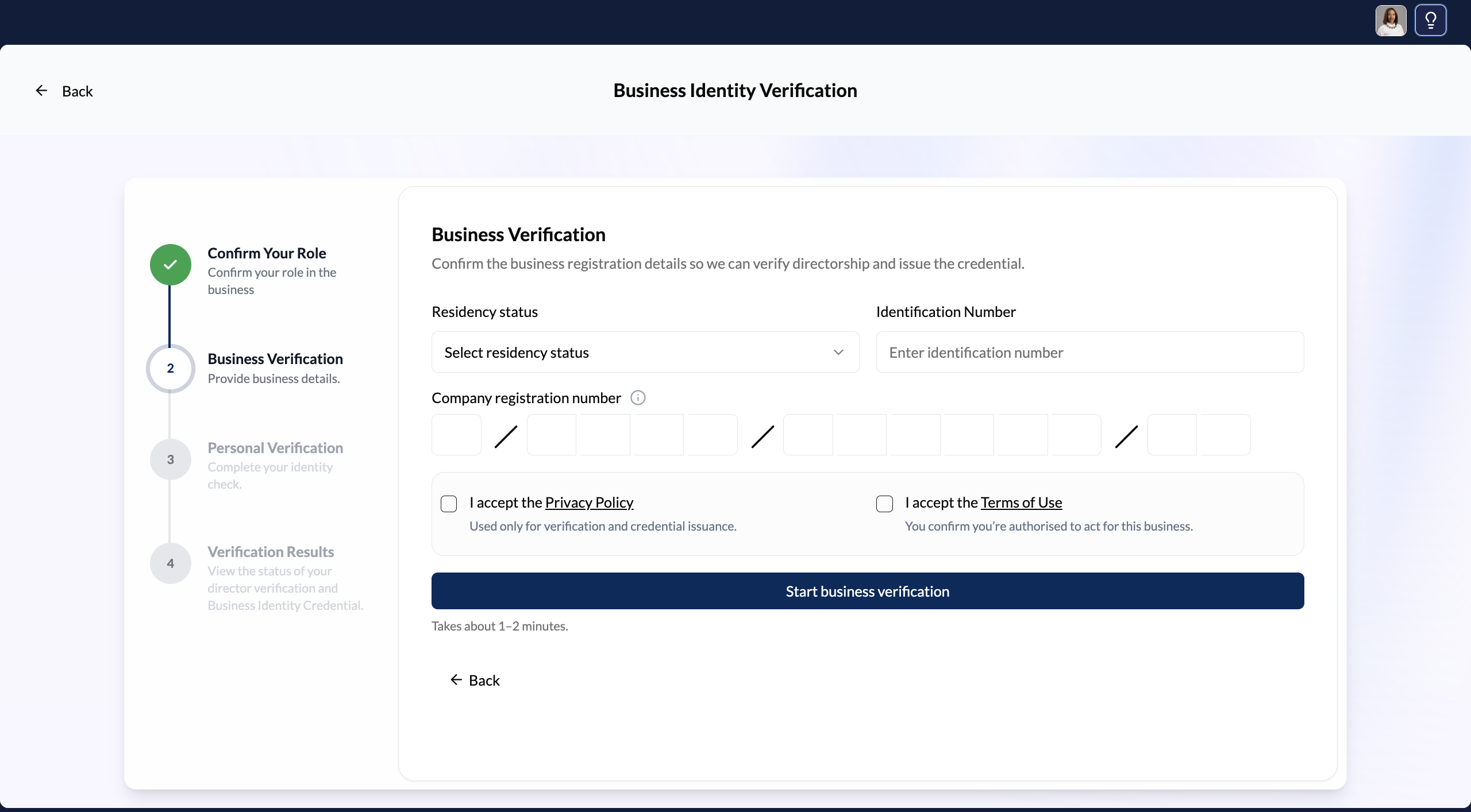 Business details entry form showing residency, ID number, and company registration number fields