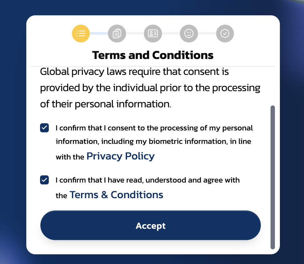 Terms and conditions acceptance screen