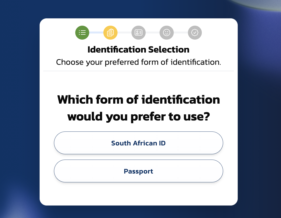 ID type selection — South African ID or Passport