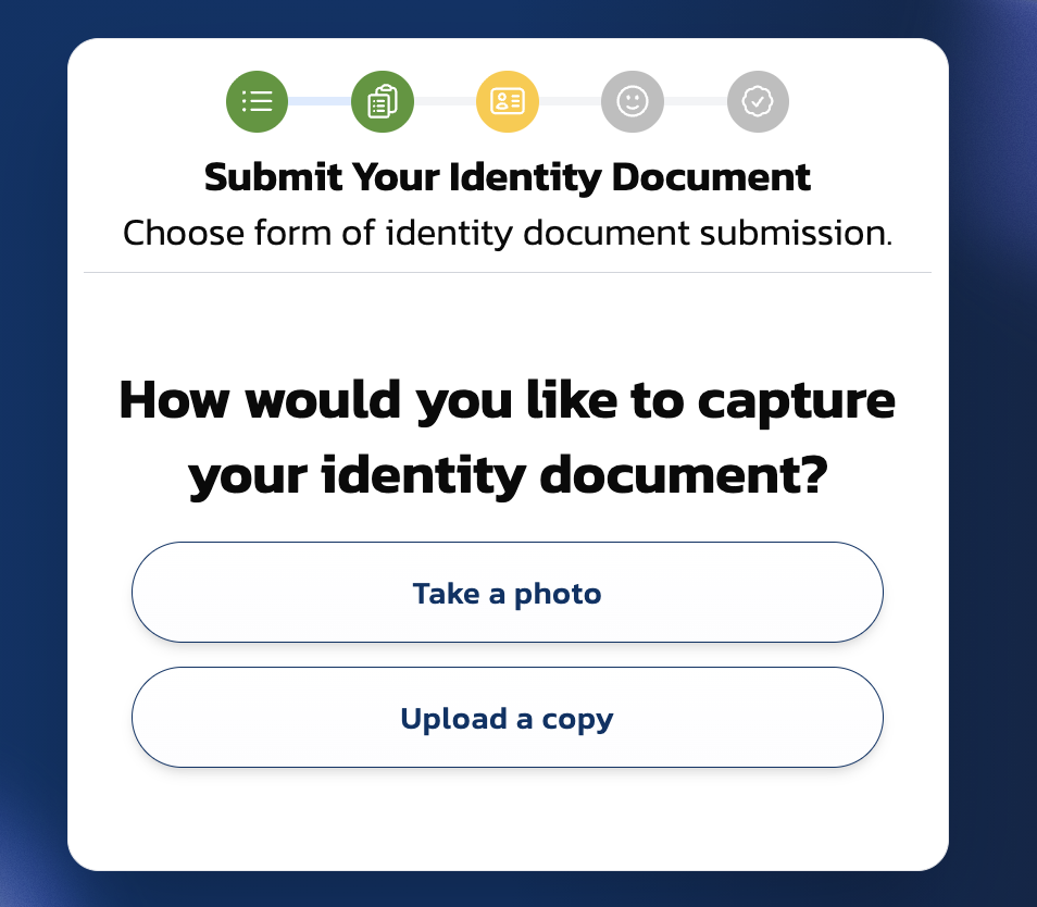 Capture method selection — take a photo or upload a copy