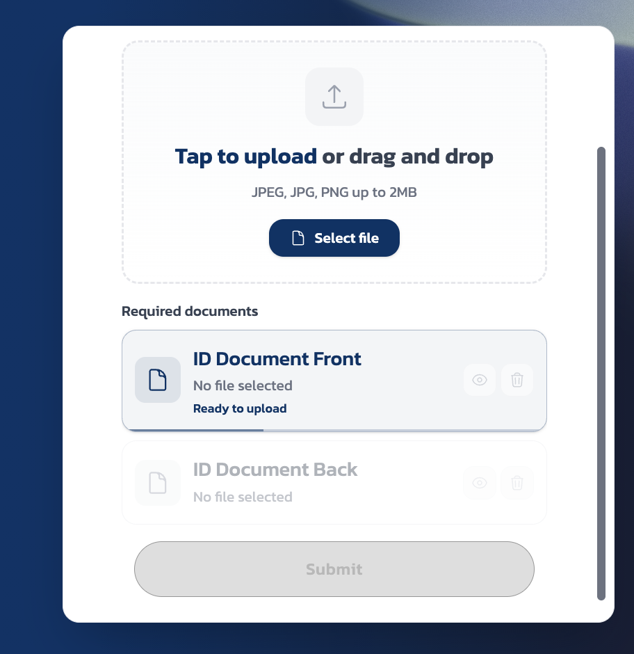Document upload area showing ID Document Front and ID Document Back slots