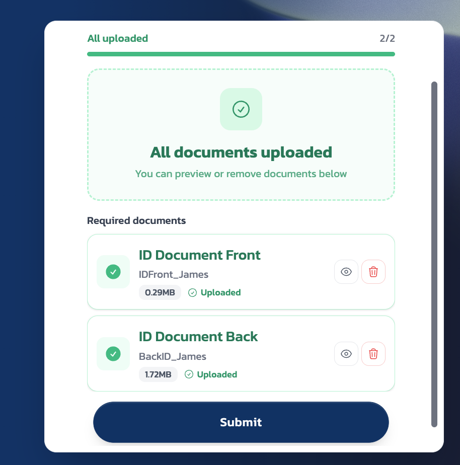 Both documents uploaded successfully with green checkmarks