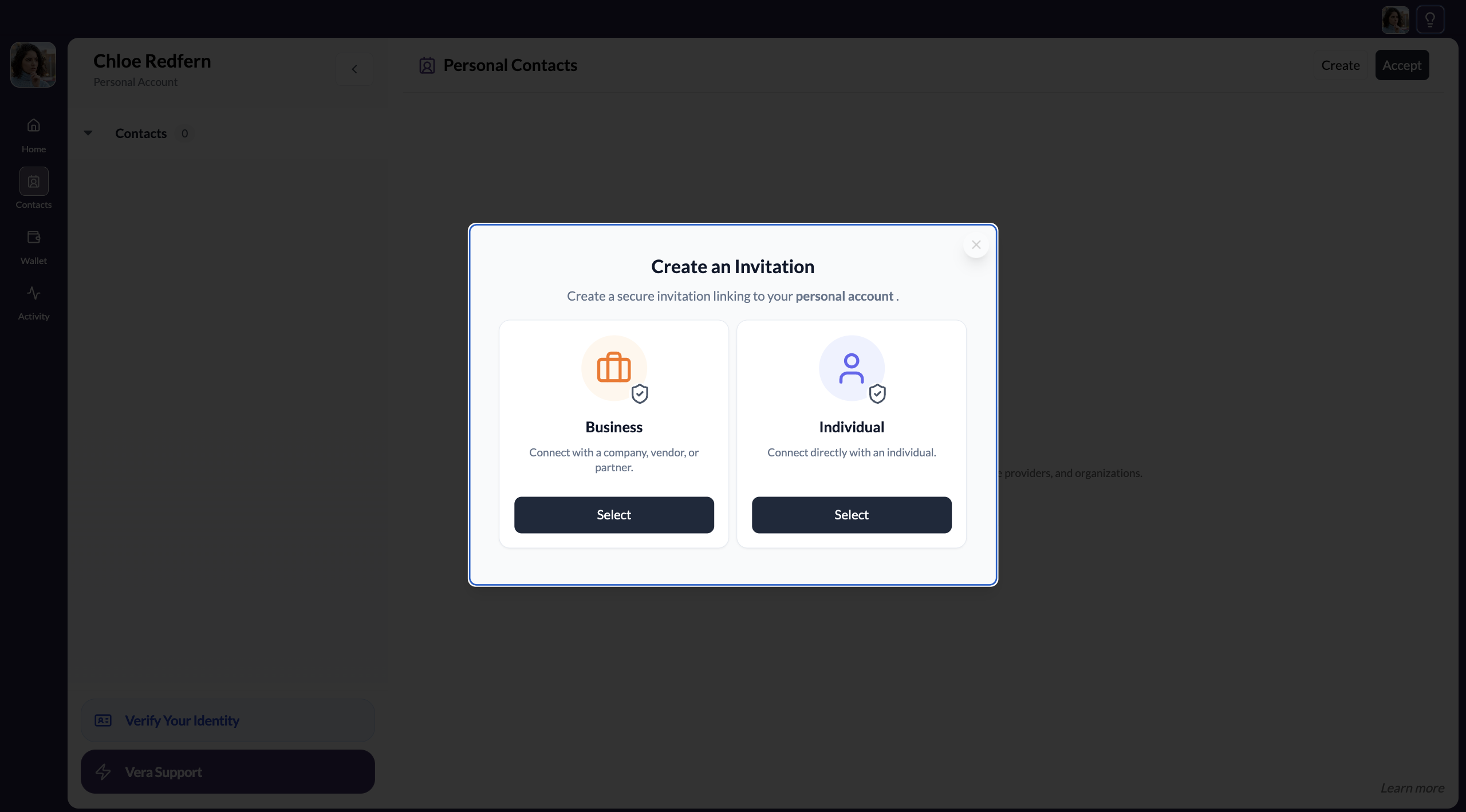 Business vs Individual invitation selector