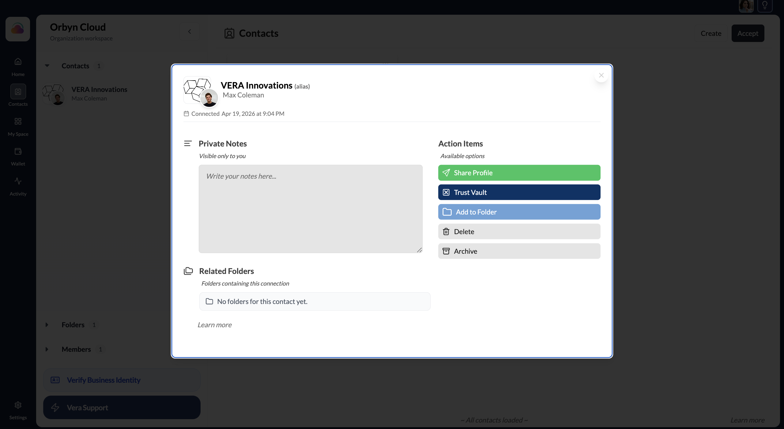 The contact profile modal with Private Notes on the left and Action Items on the right