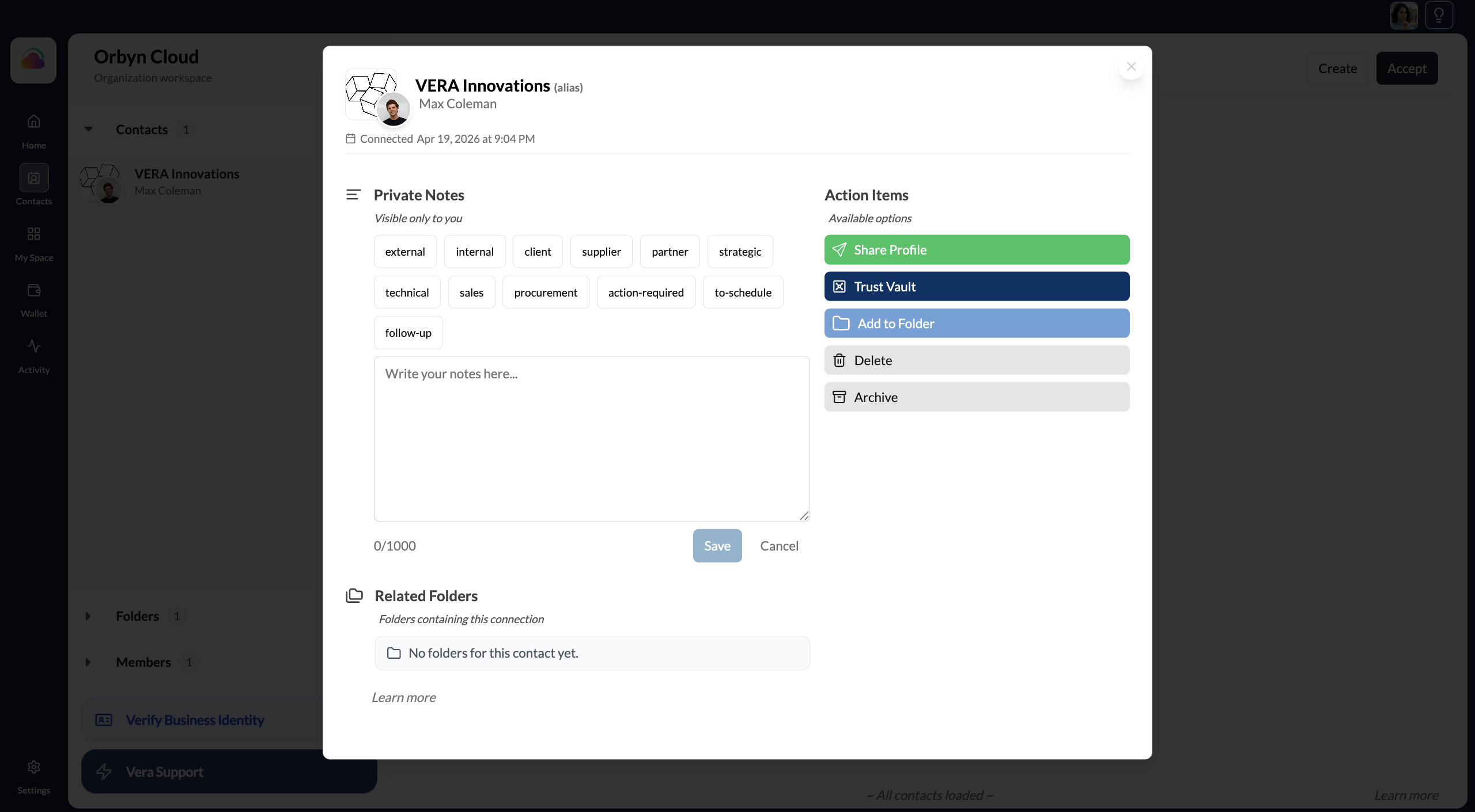 Notes view with tags expanded above the text field