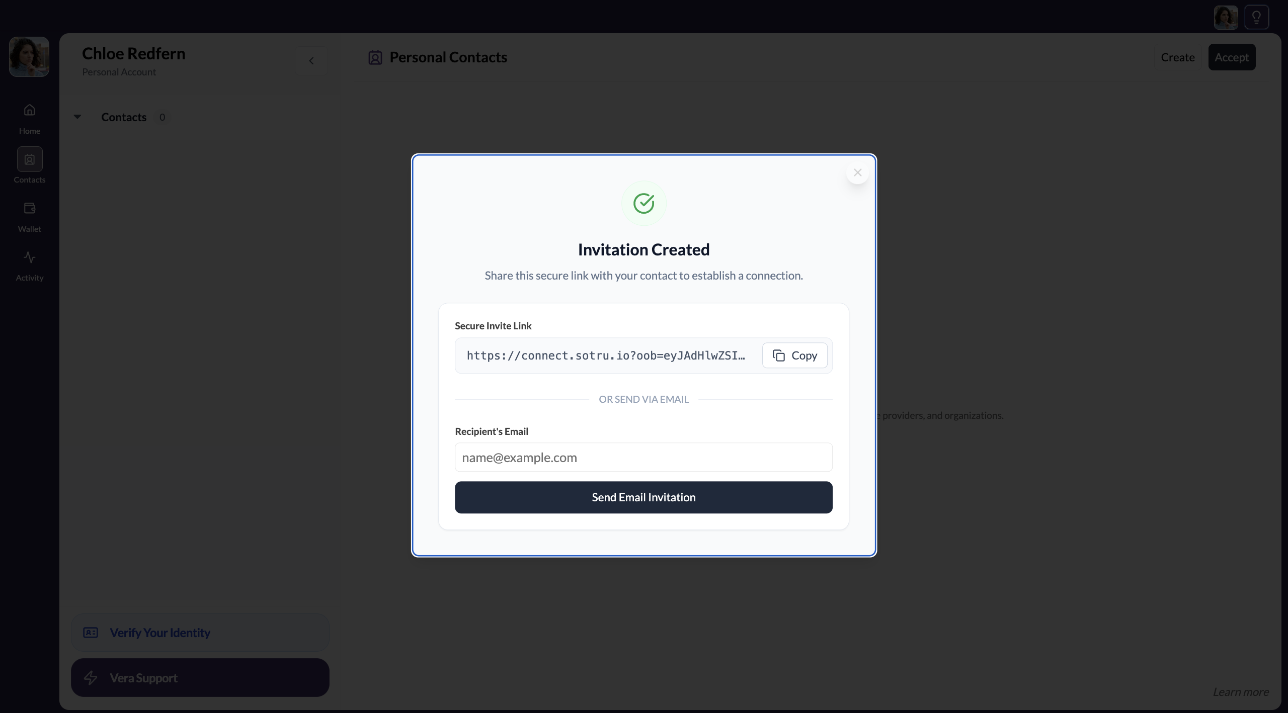Invitation URL and email options