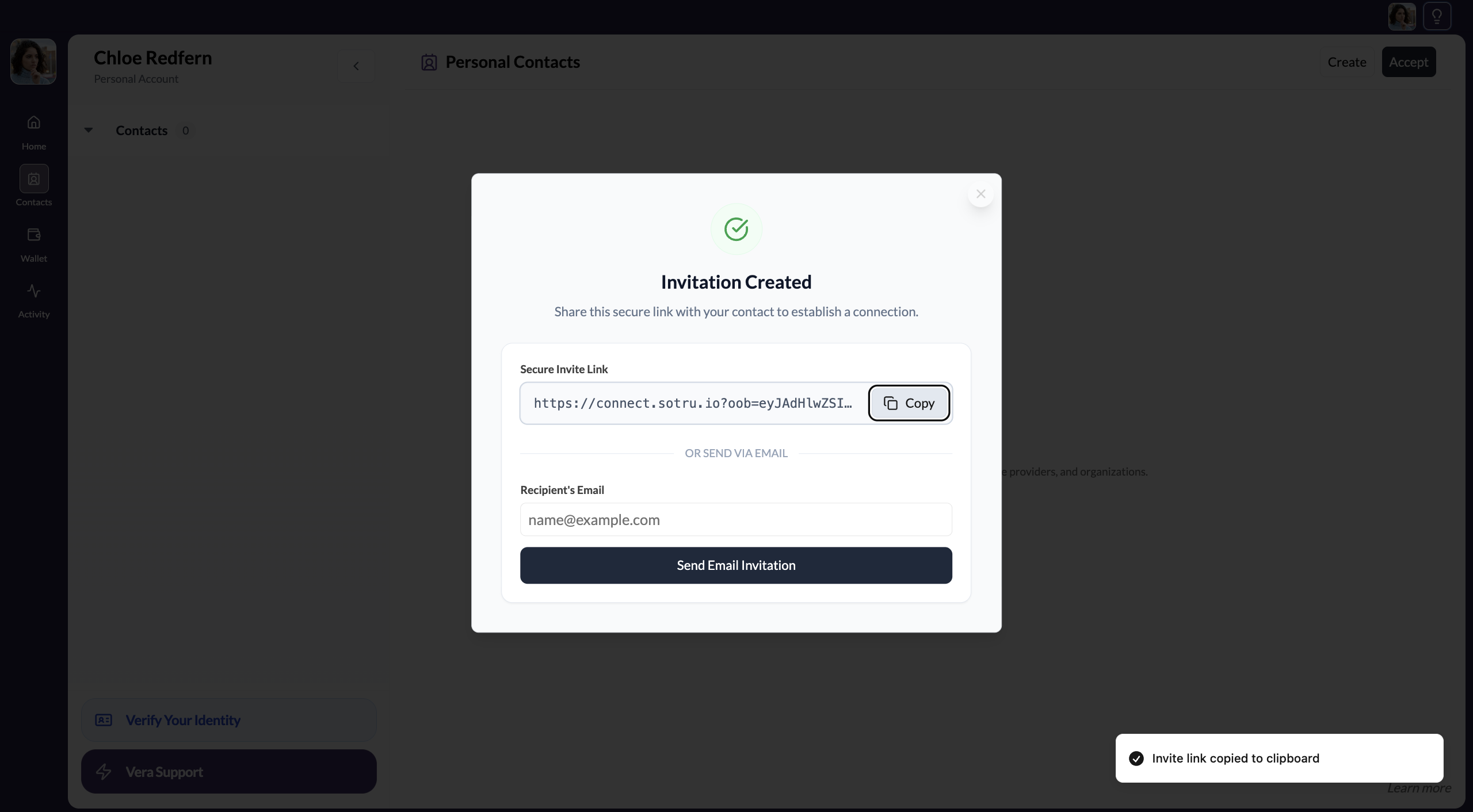 Invitation link copied confirmation