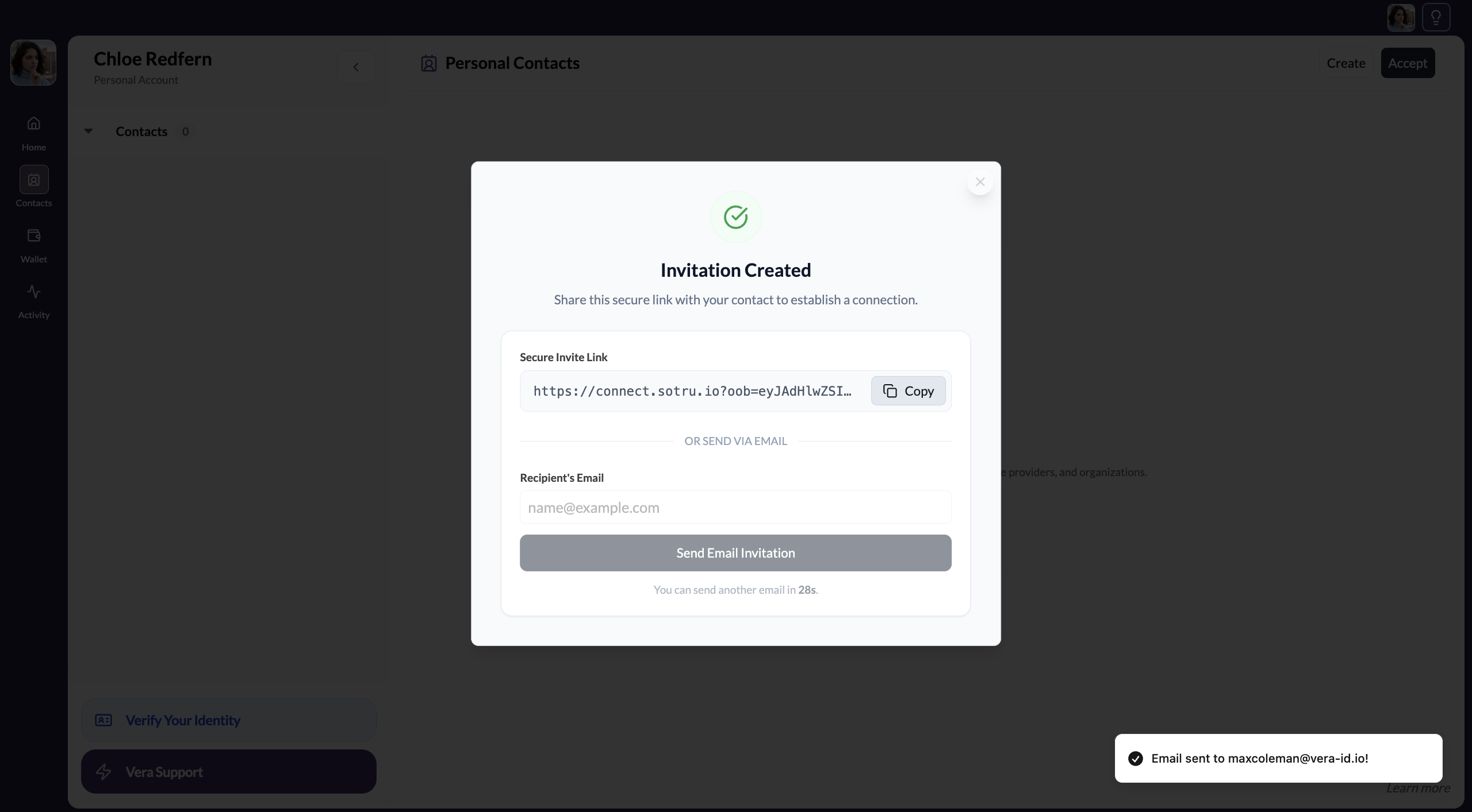 Email invitation sent confirmation