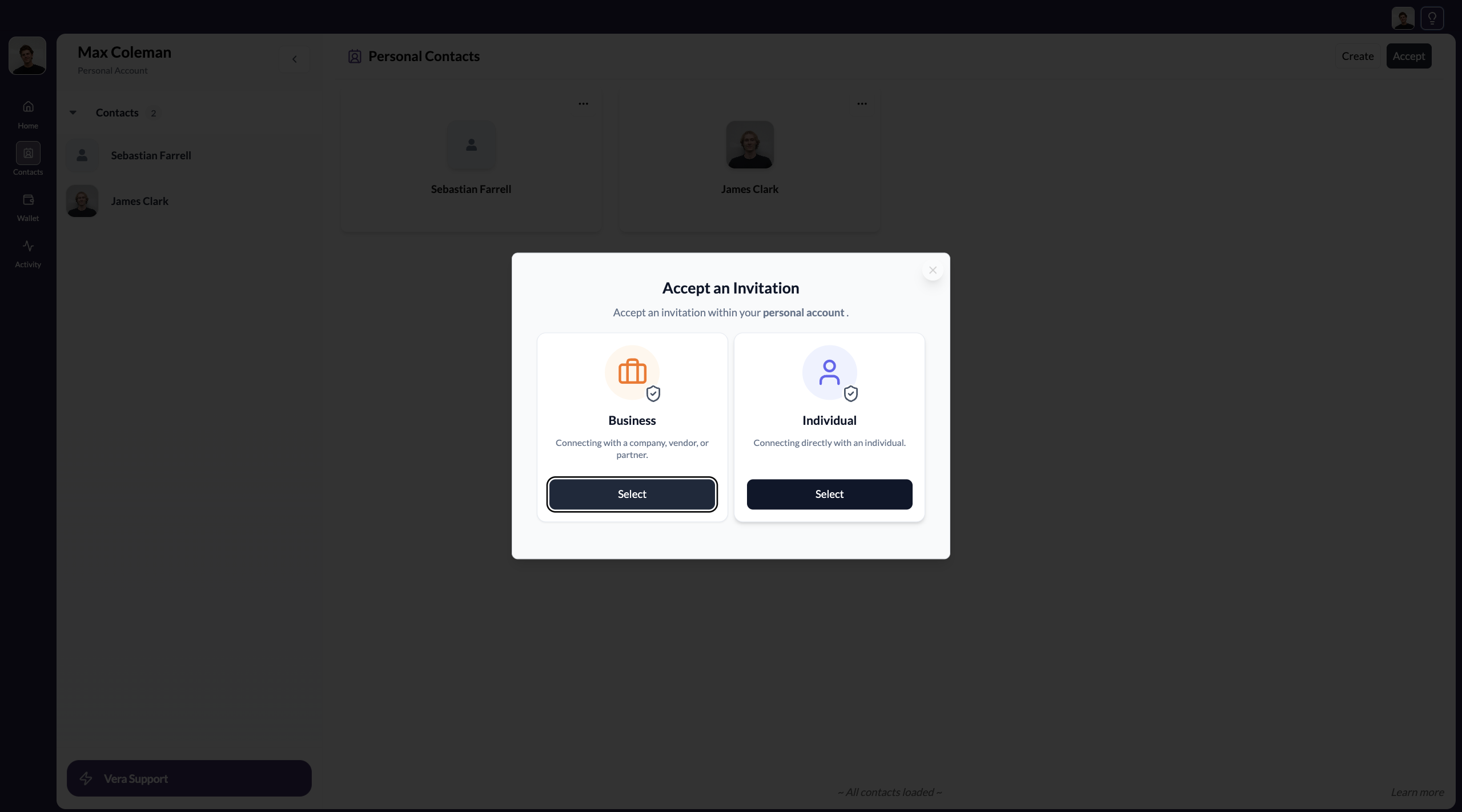 Select personal or organisation account