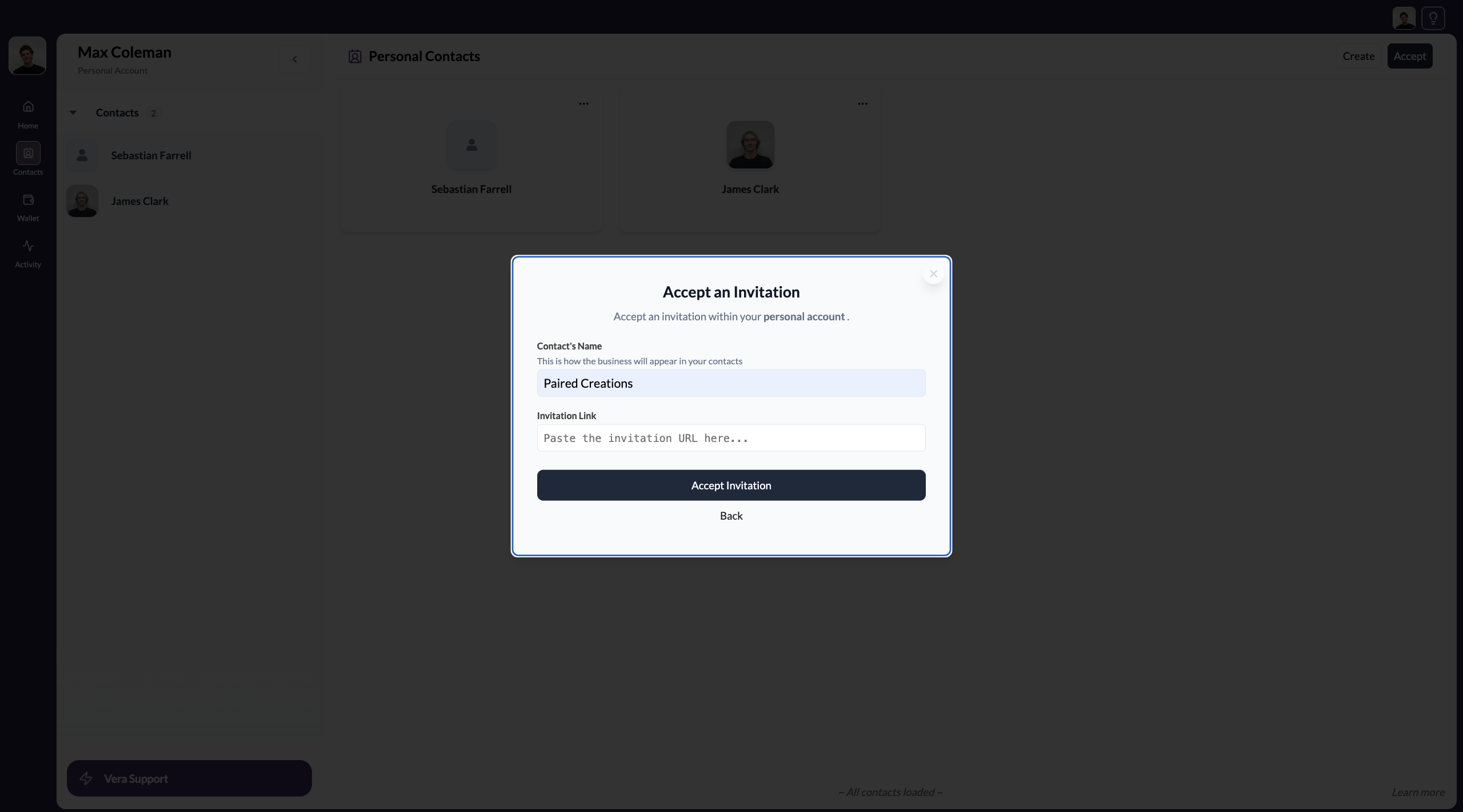 Naming the contact and confirming acceptance