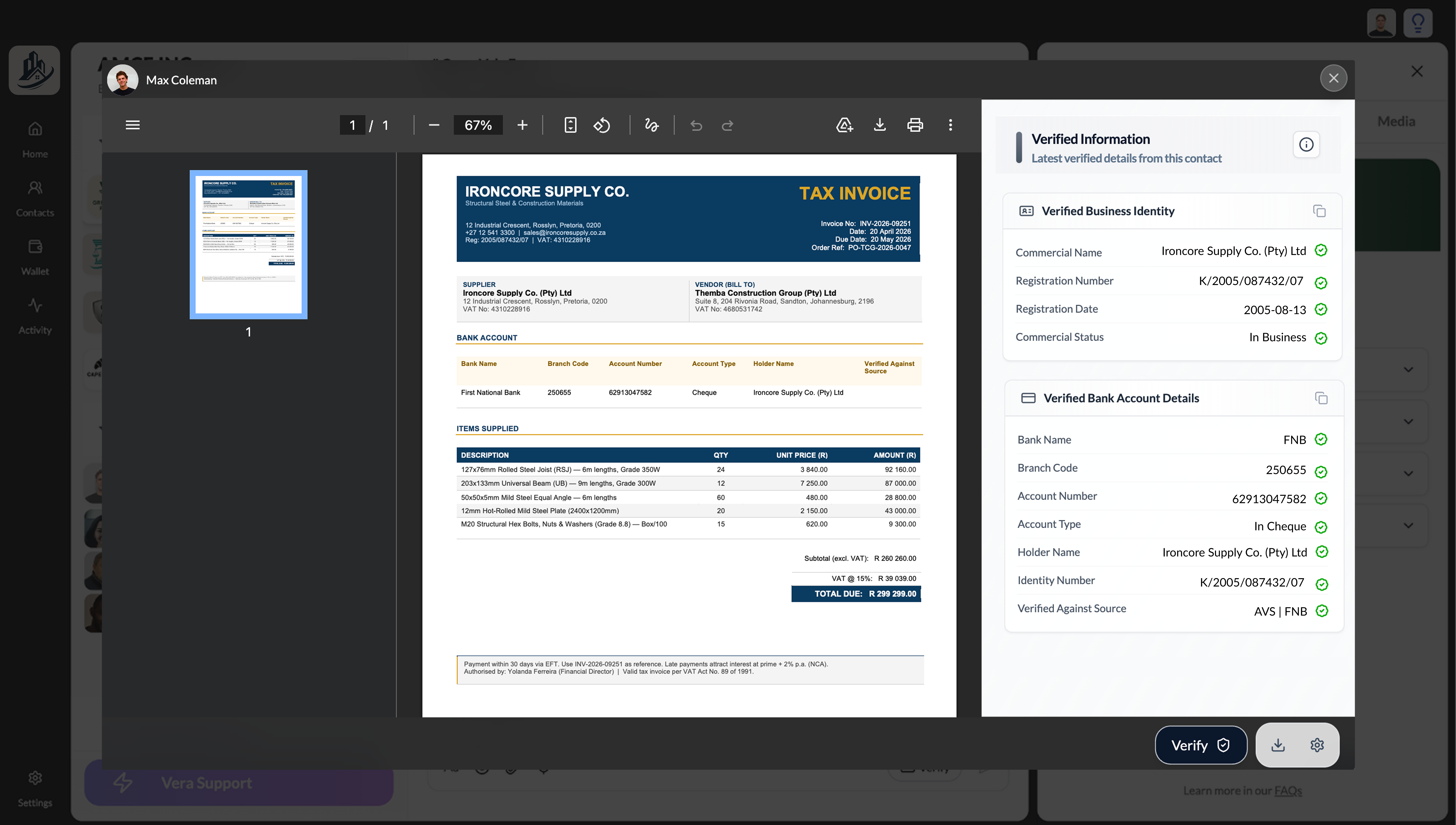 Invoice viewer with the Verified Information panel open on the right, showing verified business identity and bank account details