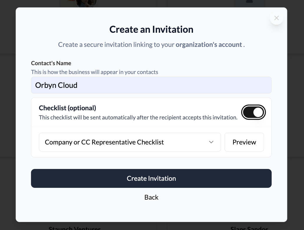 Checklist toggle switched on with template dropdown and Preview button