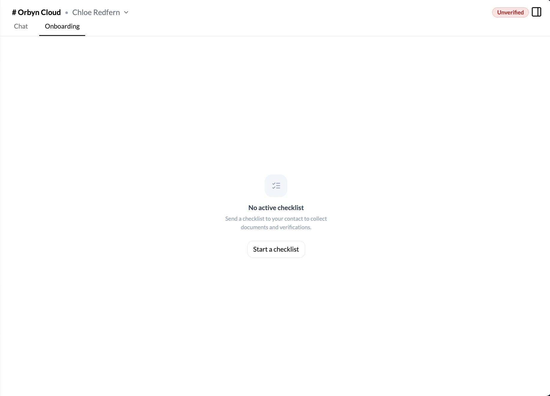 Onboarding tab with no active checklist showing Start a checklist button