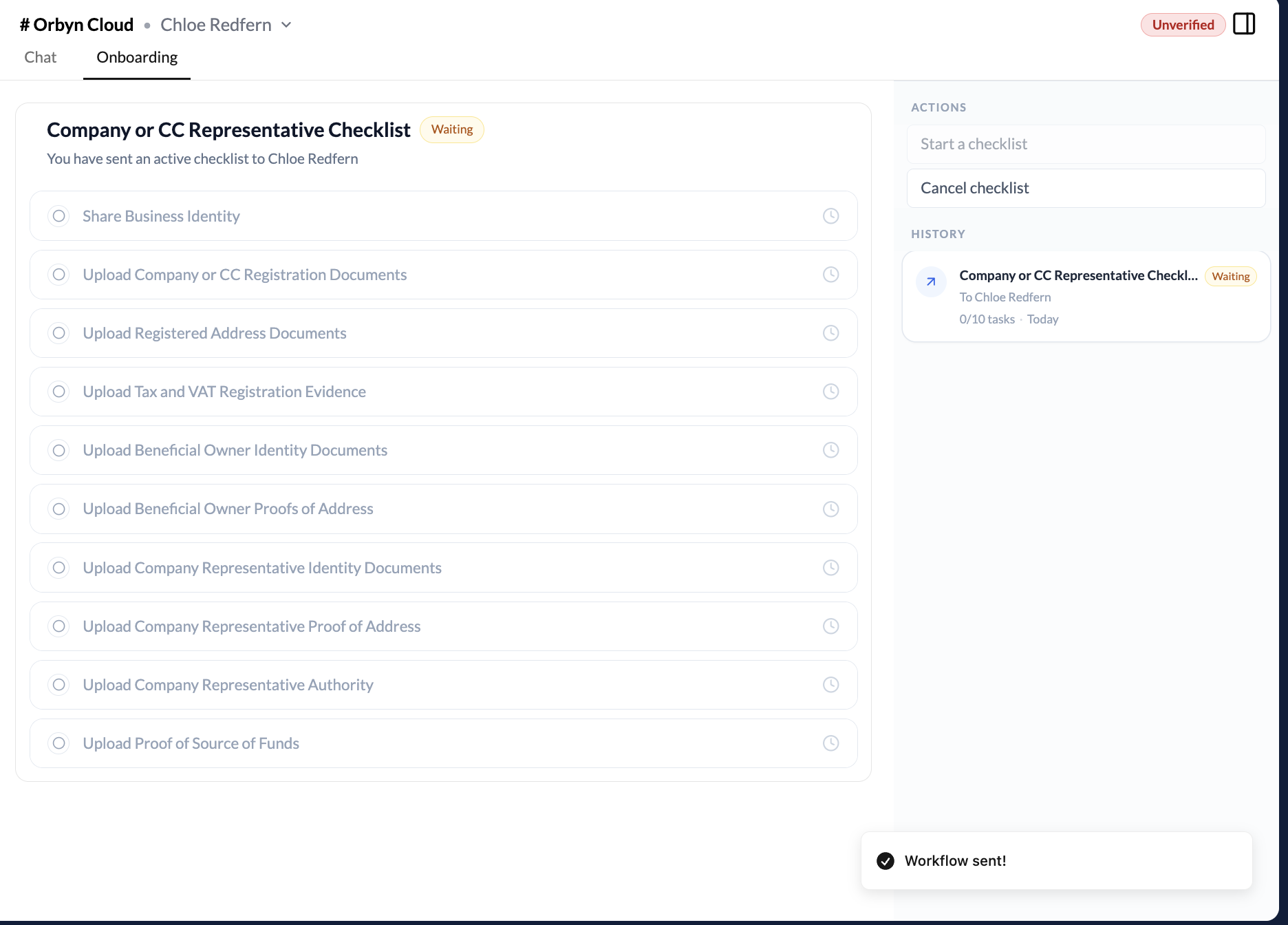 Active checklist showing all items pending with Waiting badge