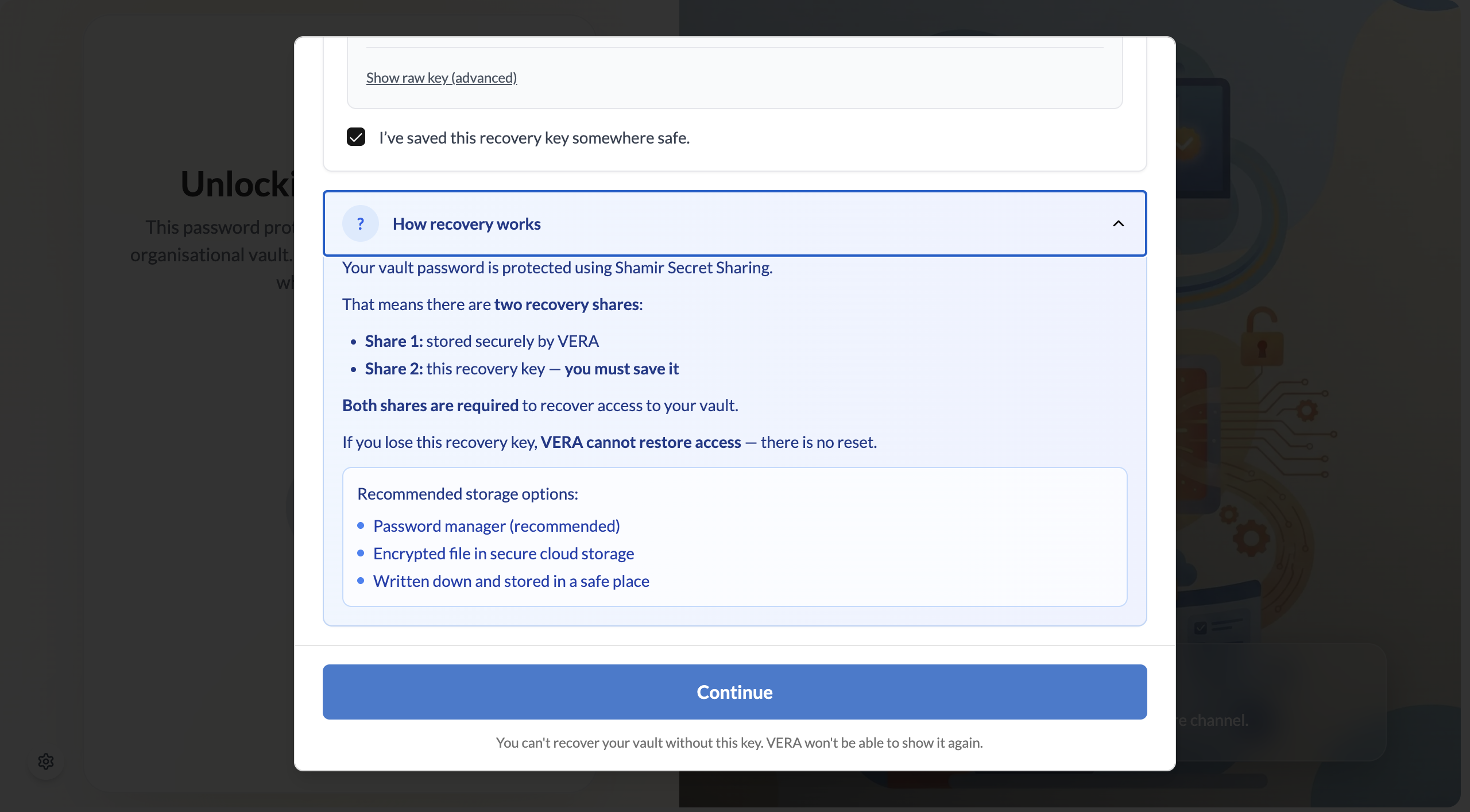 Recovery key explanation screen