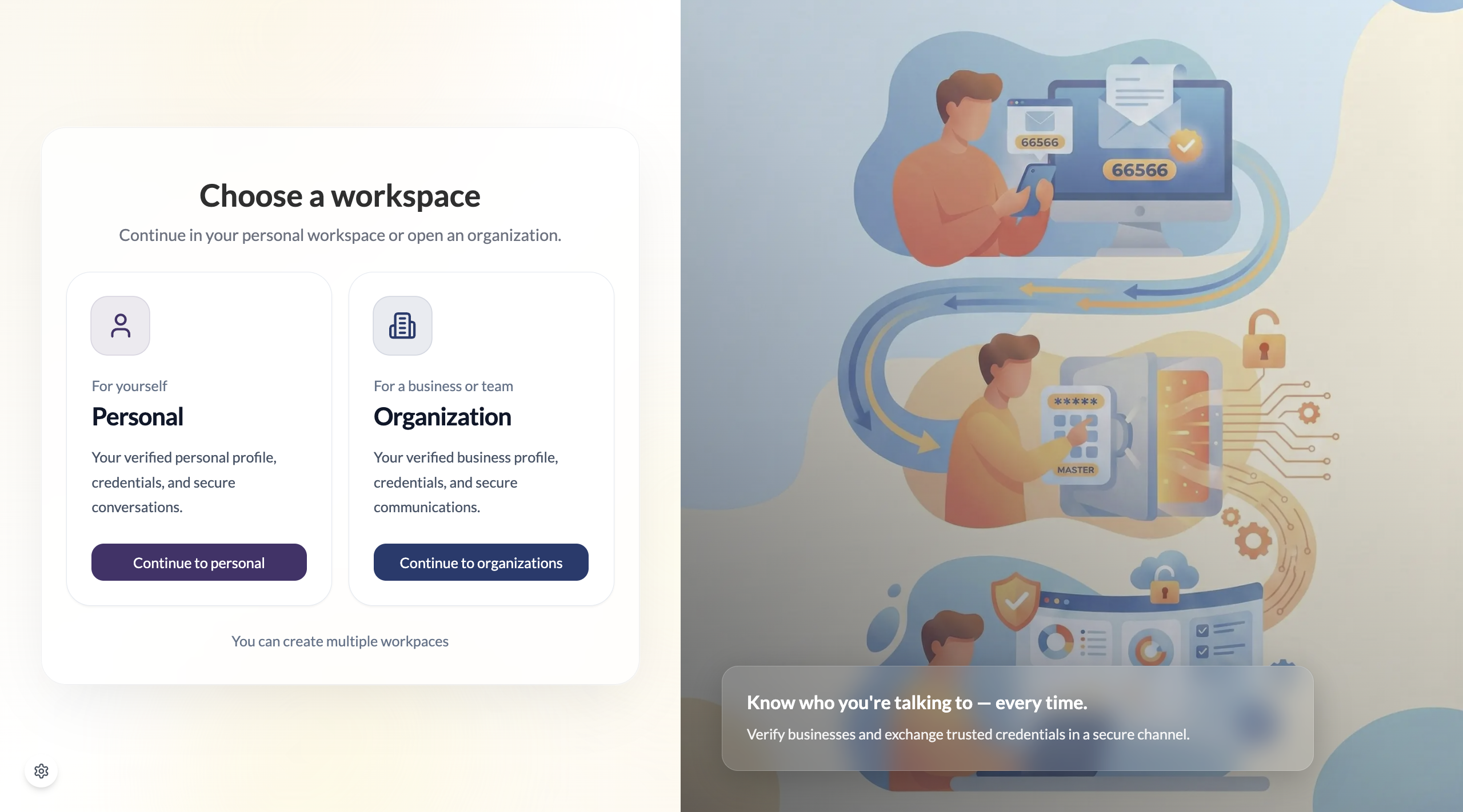 Workspace selection screen — Personal or Organisation
