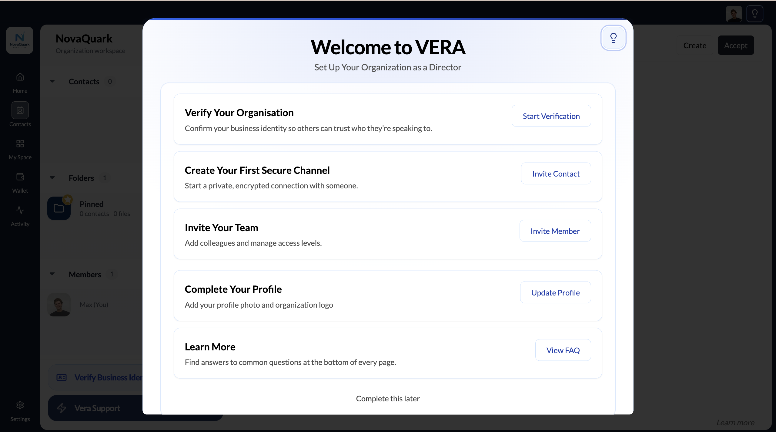 Organisation onboarding dashboard with five setup tasks
