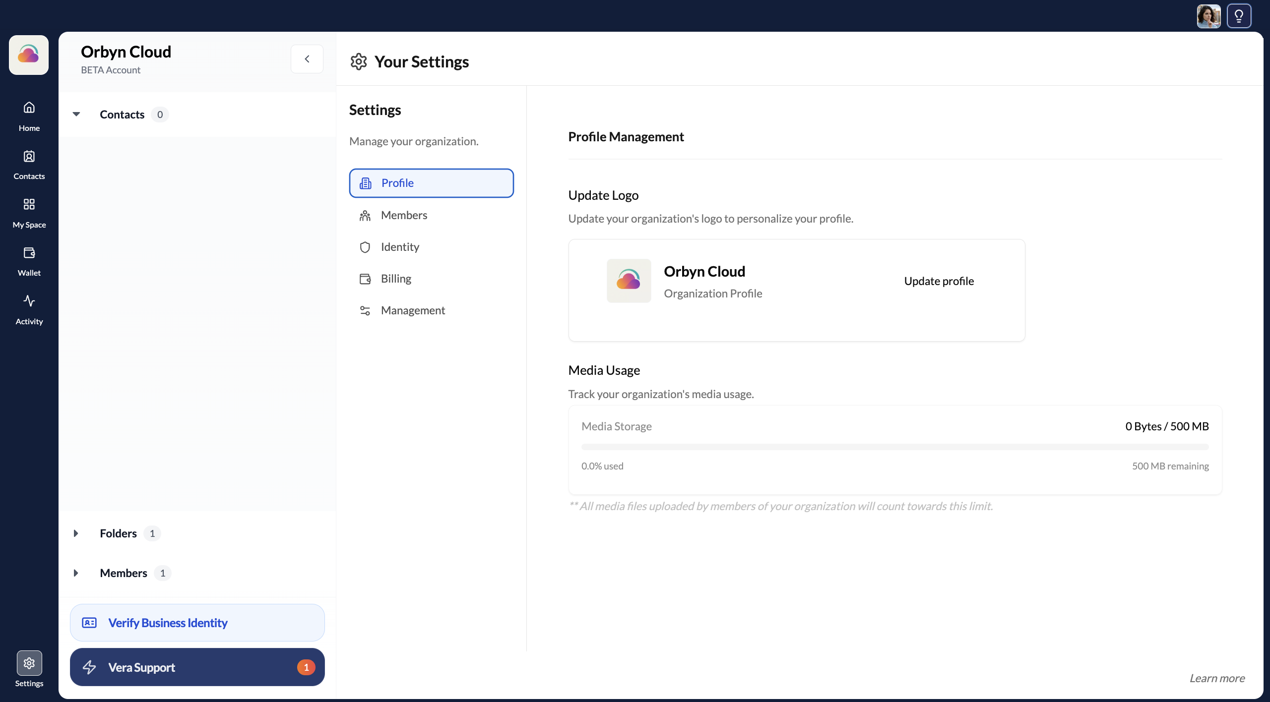 Organisation settings option in sidebar
