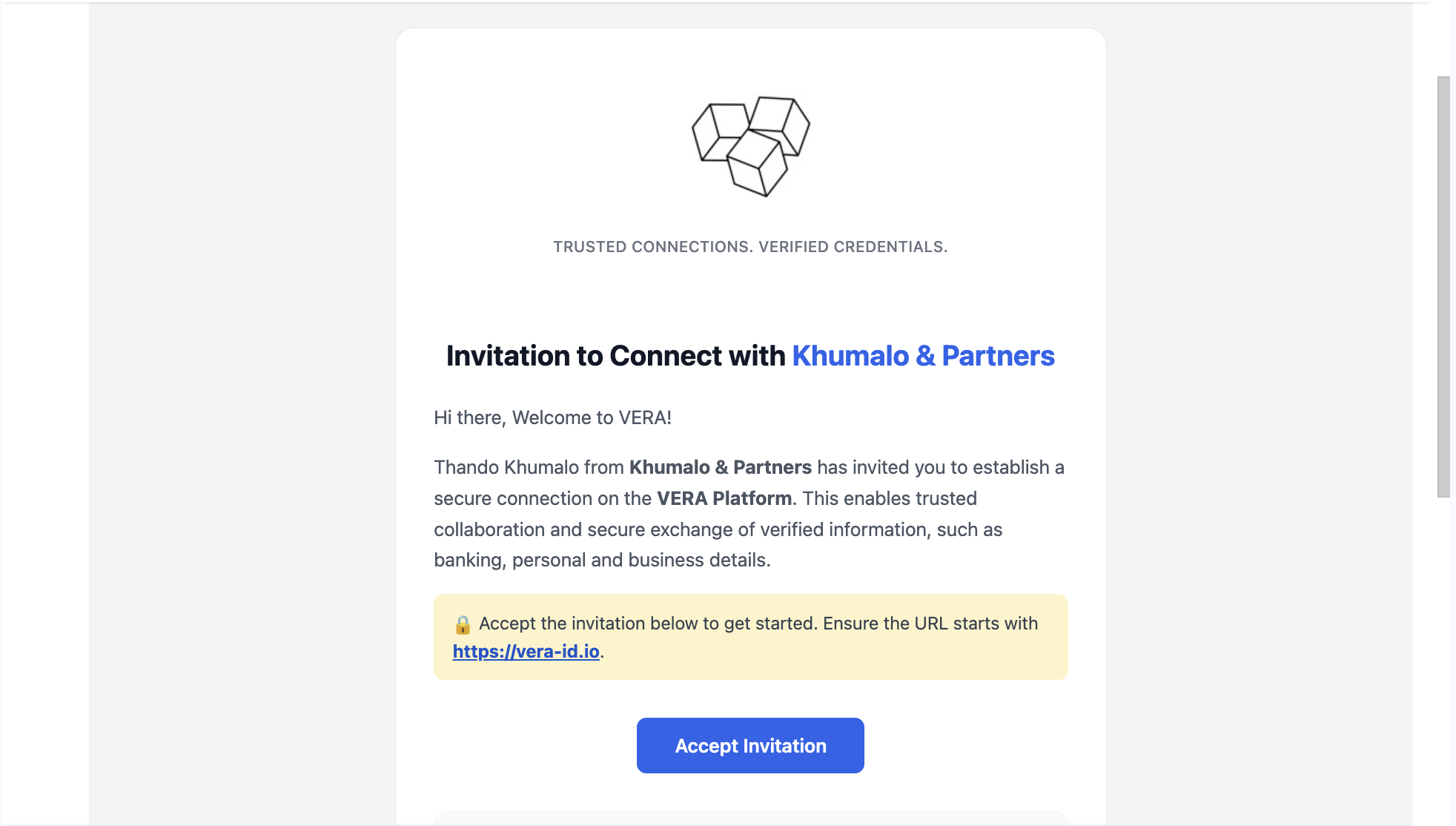 VERA invitation email in inbox