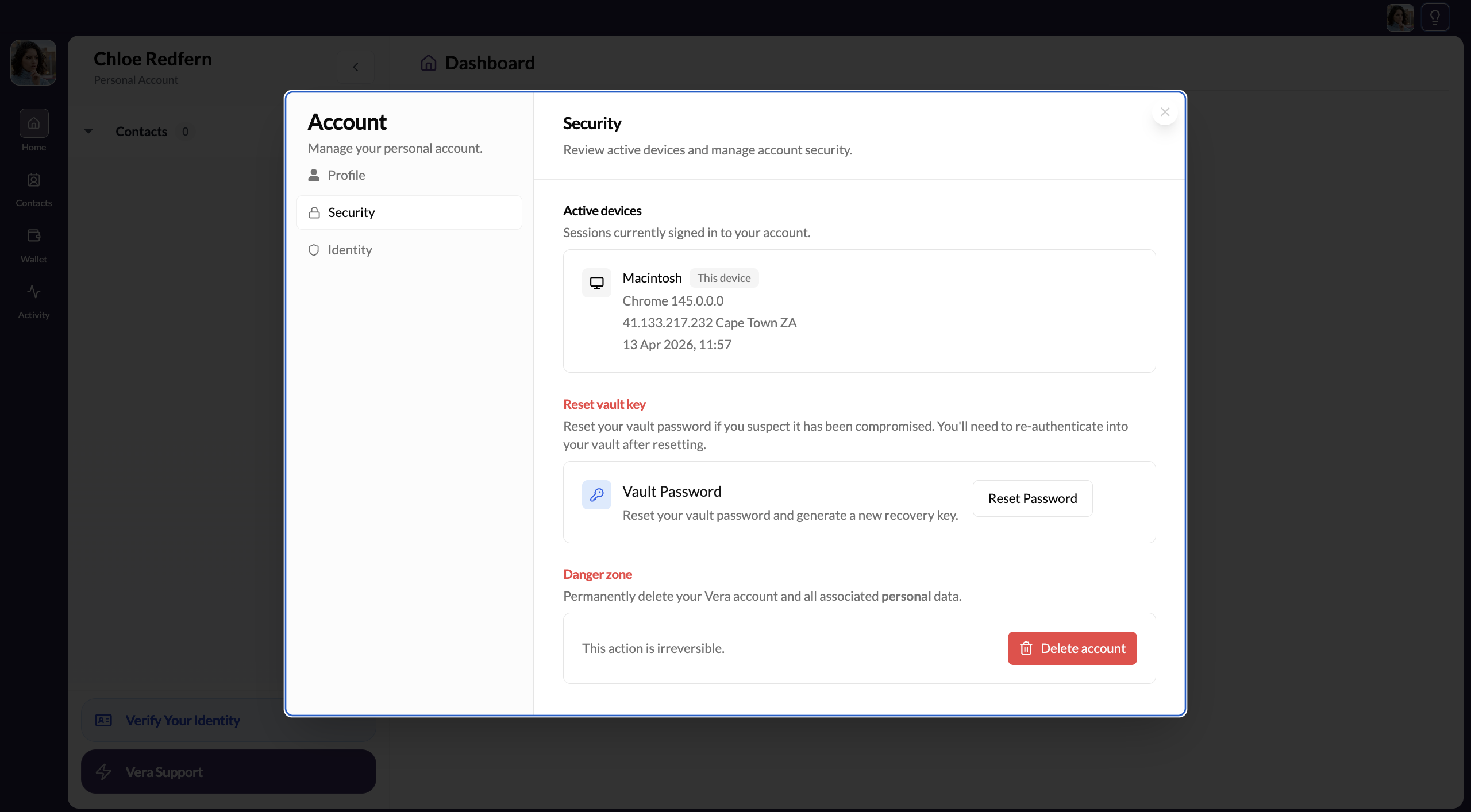 Security settings tab