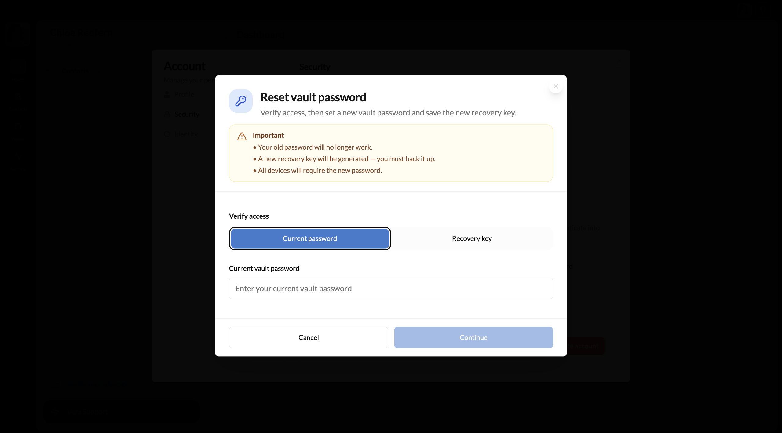 Vault password reset flow