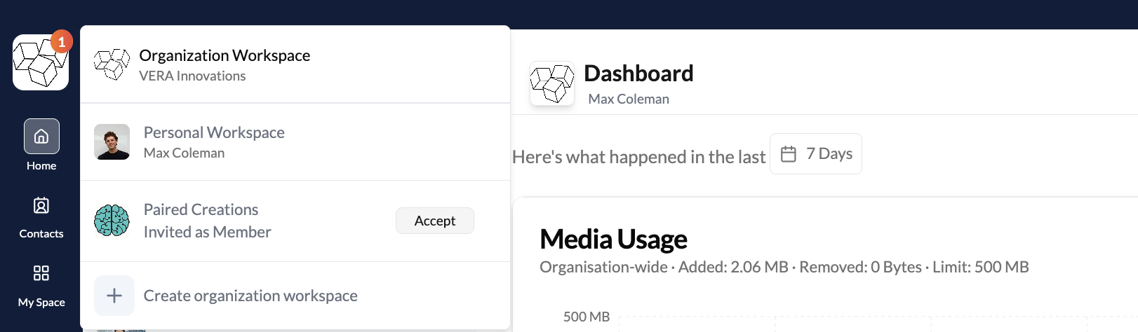 Accept button next to organisation name in workspace switcher