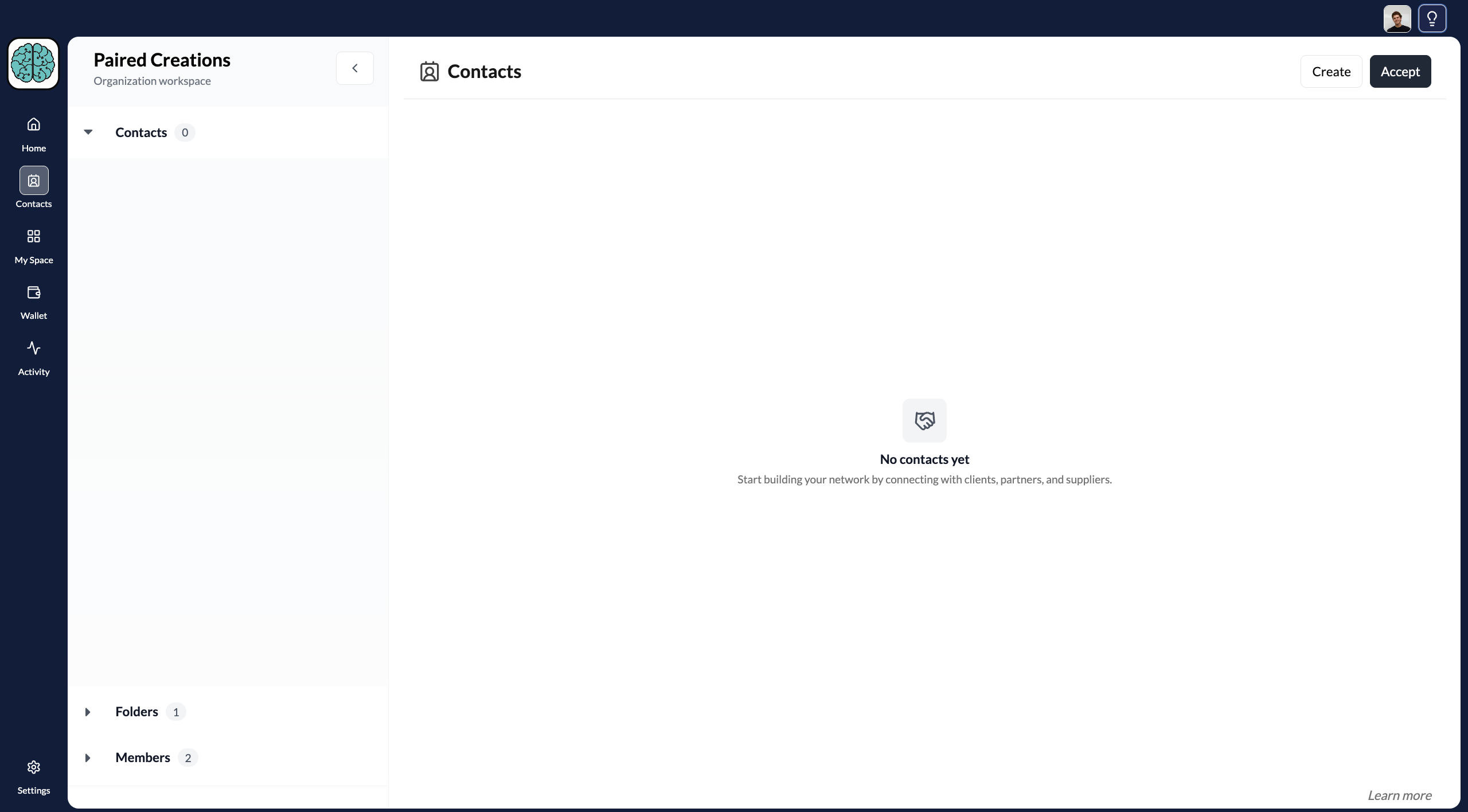 New organisation workspace showing empty contacts list and sidebar
