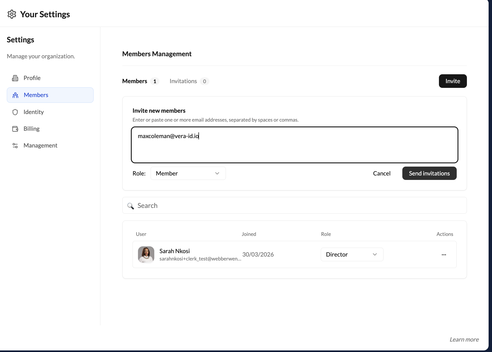 Invite team members form showing email field, role selector, and existing members list