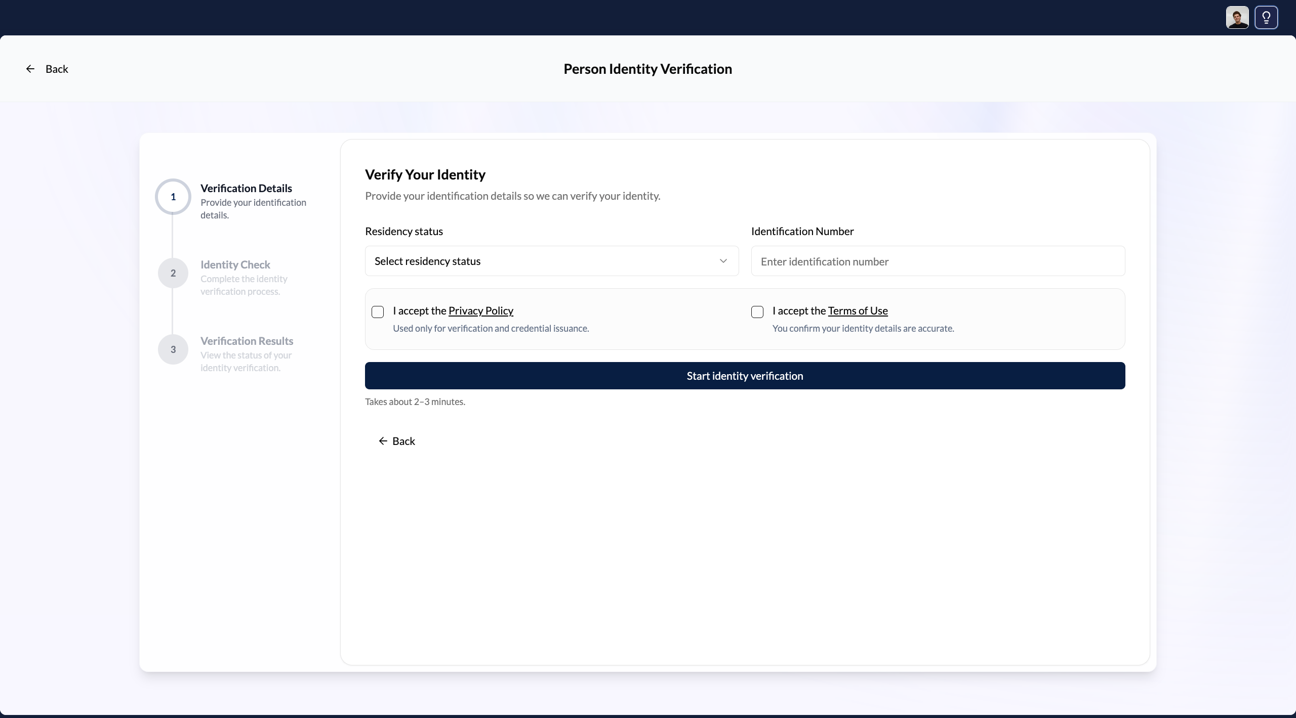 Personal identity verification form showing residency status and identification number fields