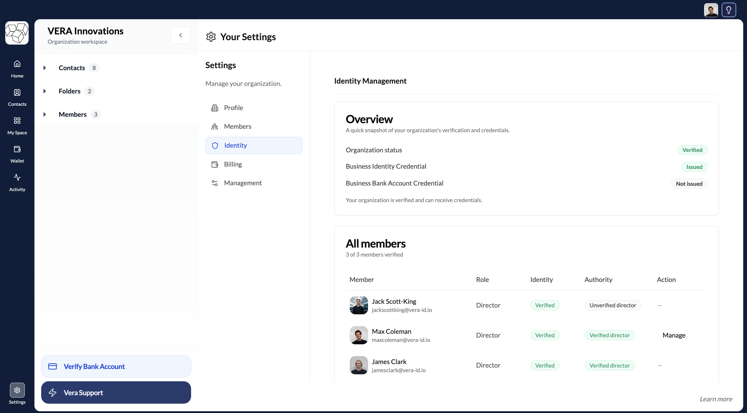 Settings Identity page showing organisation verification status and member verification table