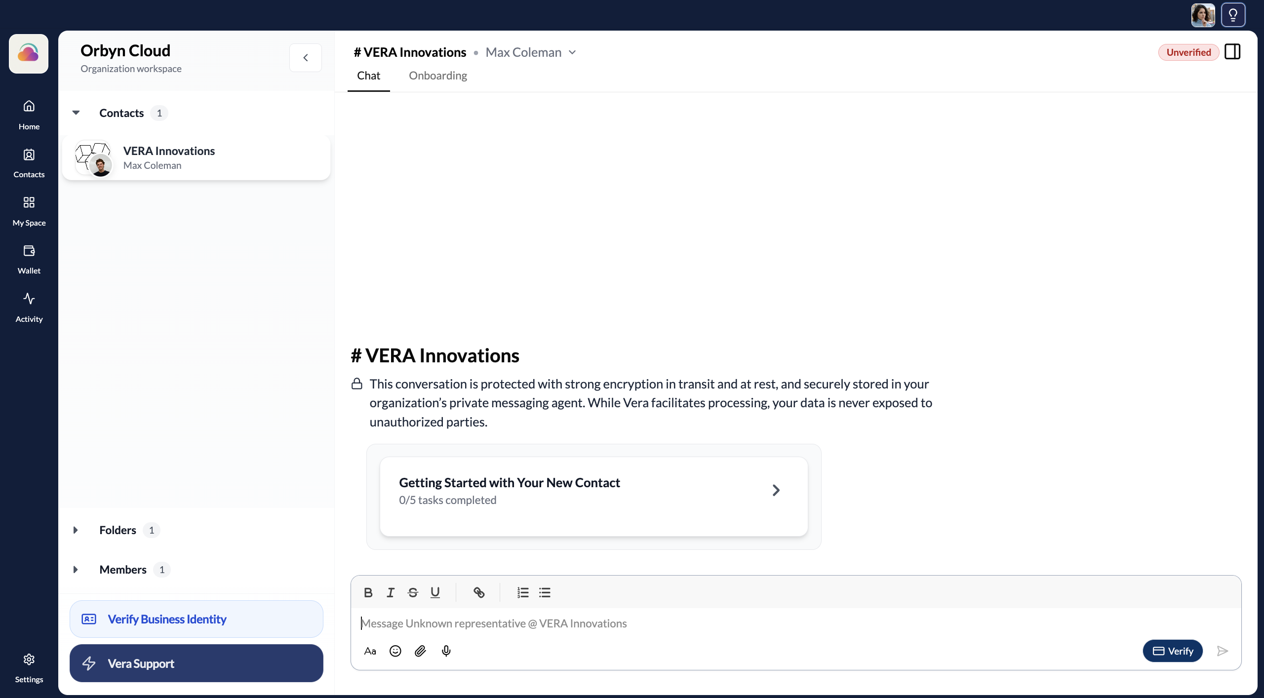 A newly established connection showing the Unverified badge