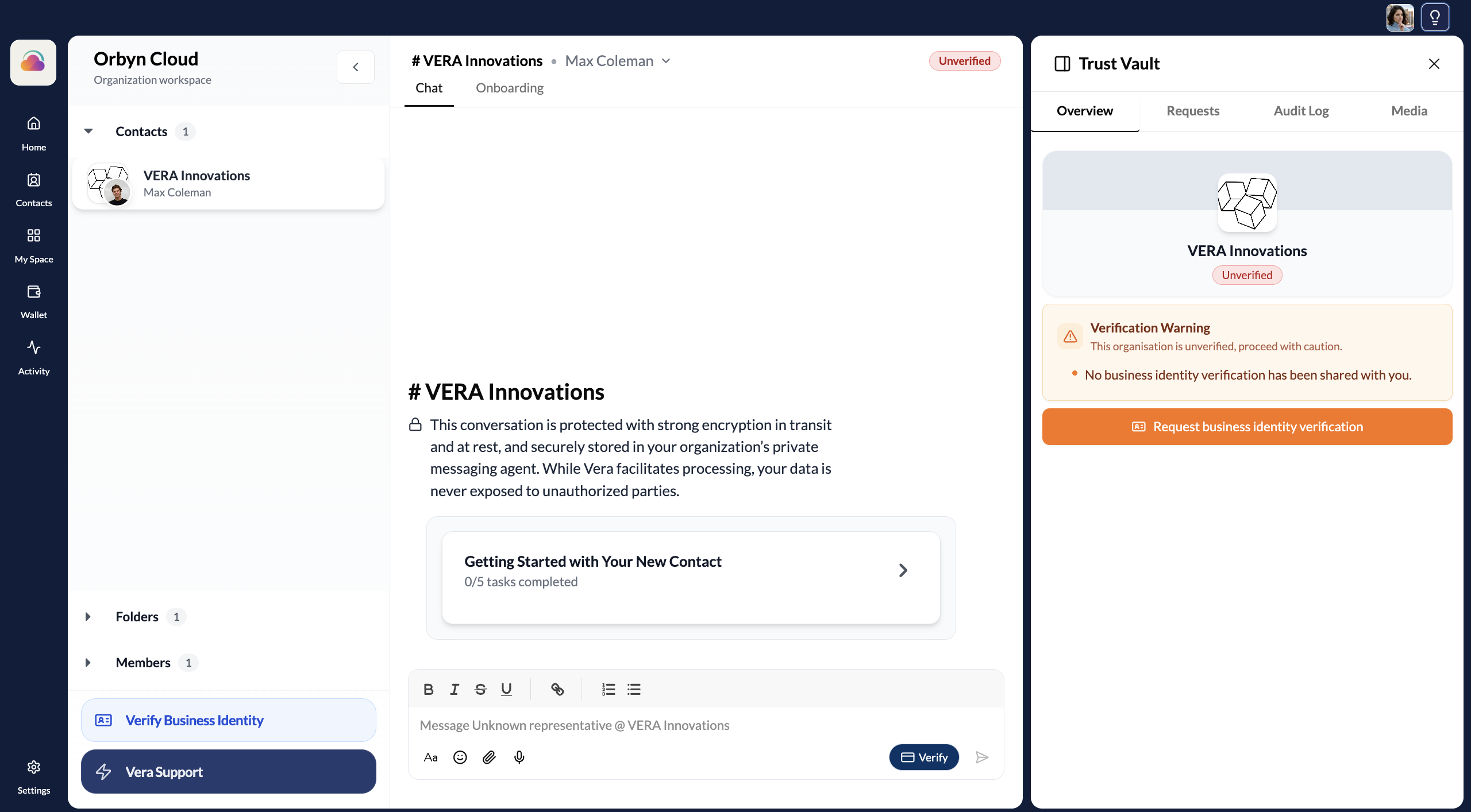 Trust Vault showing no business identity verification shared yet
