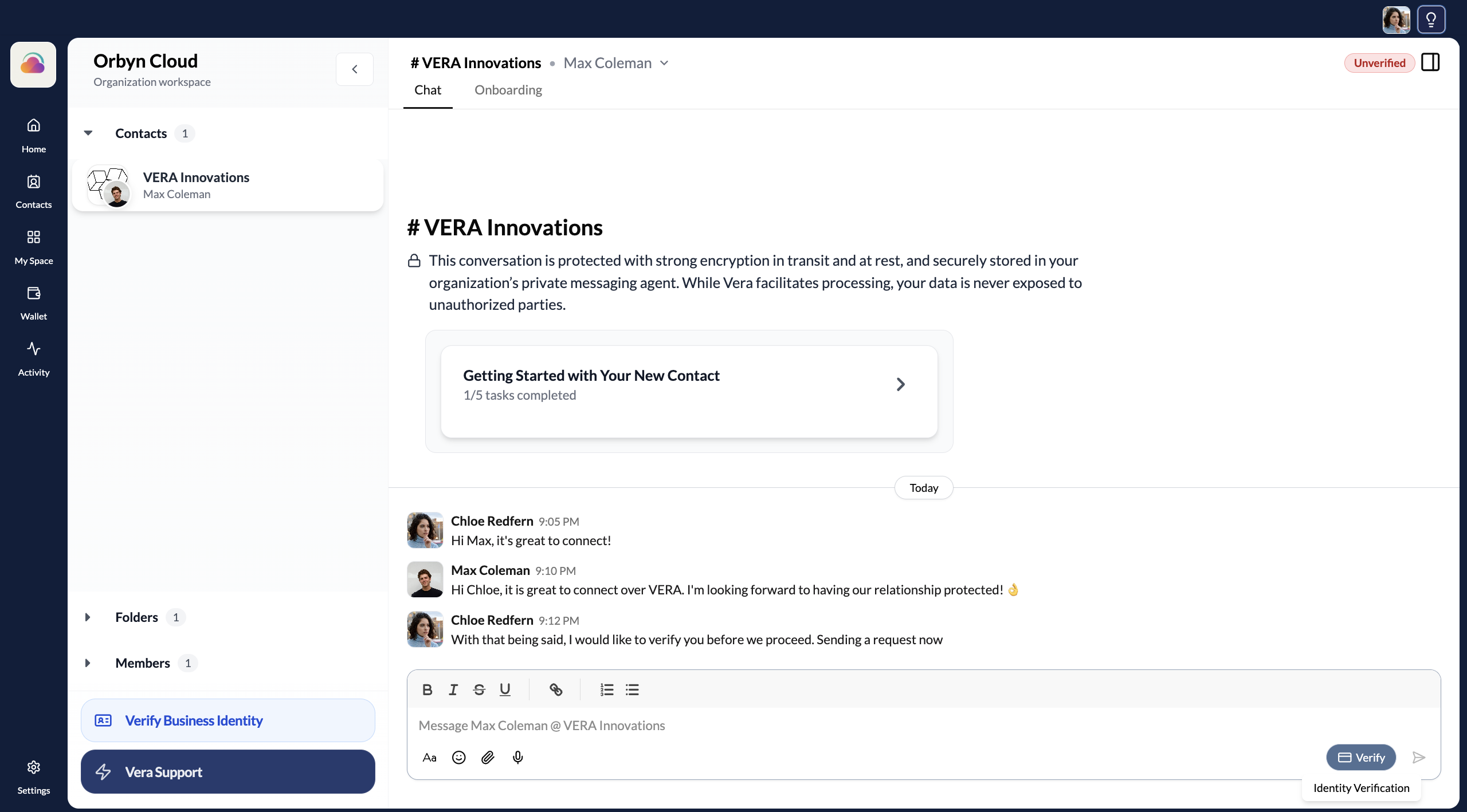 The Verify button in the bottom-right corner of the chat
