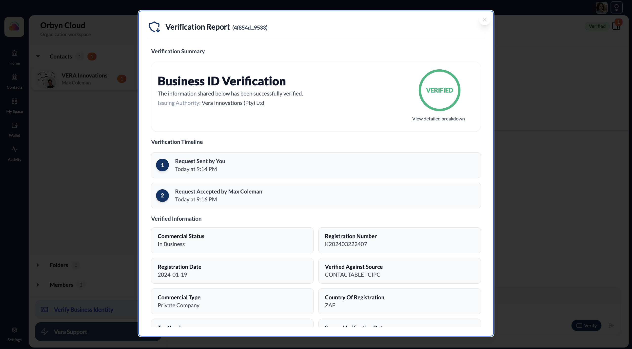 Full Verification Report with all verified fields and timeline