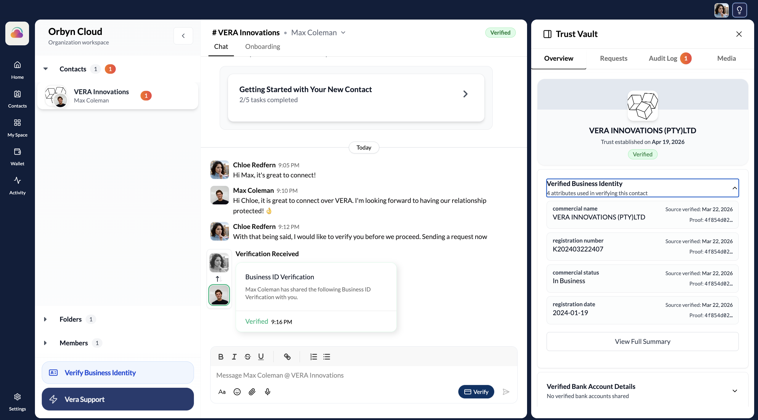 Trust Vault overview showing verified attributes and proof references