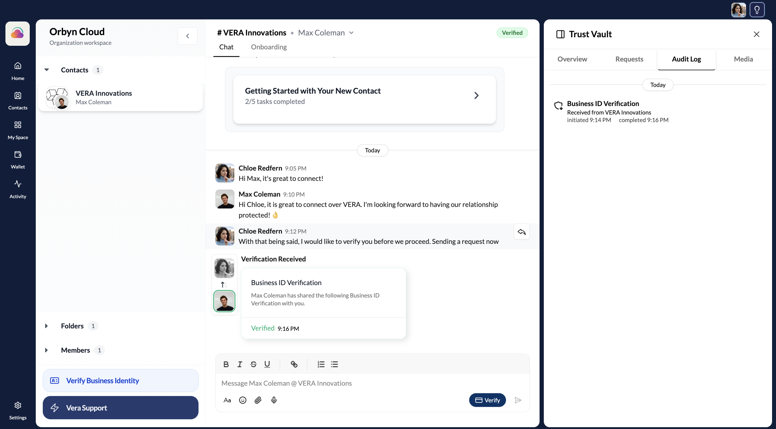 Audit Log tab showing all verification events with timestamps