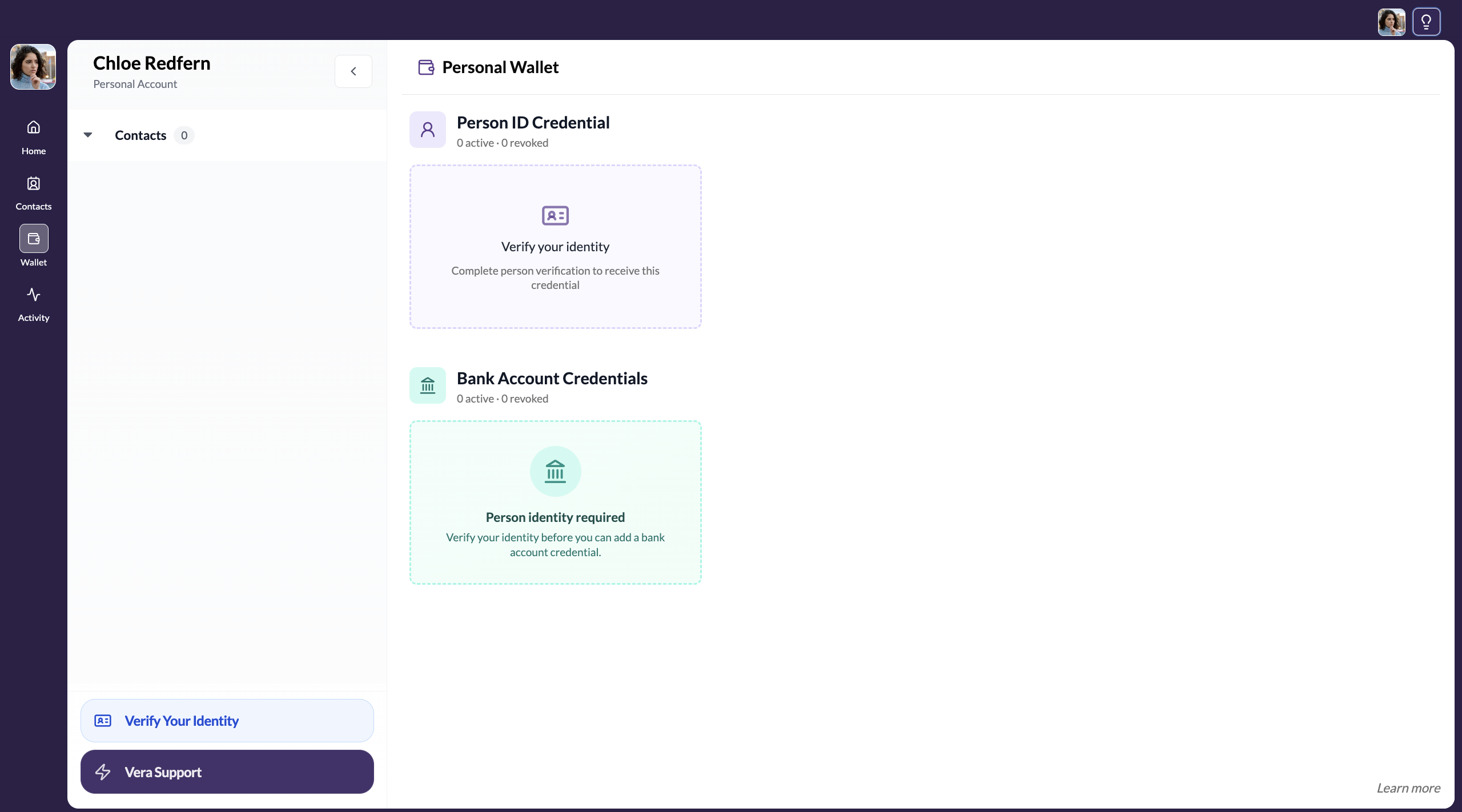 Verify identity button in sidebar