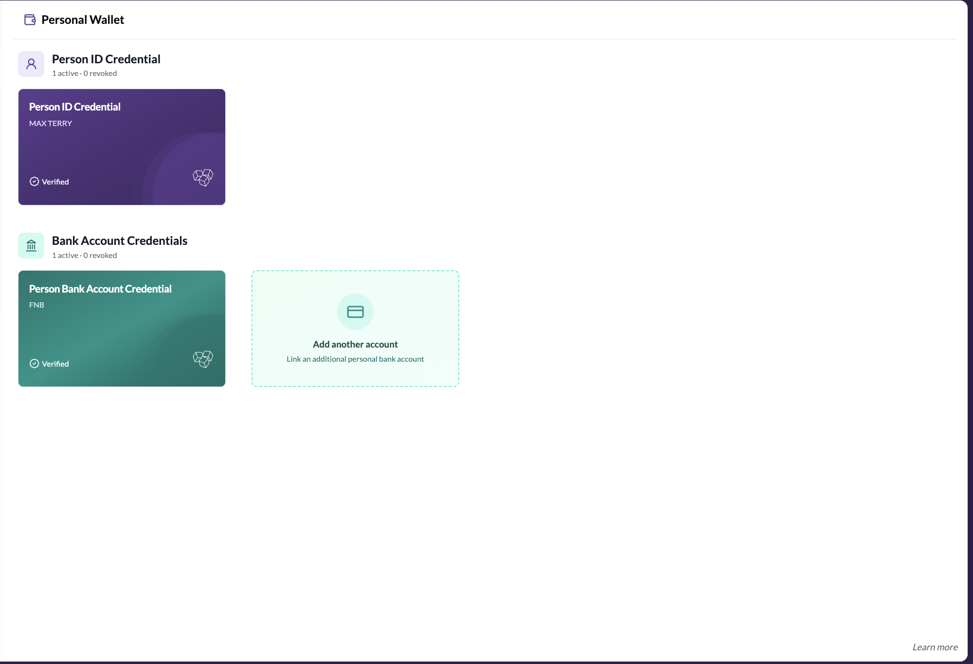 Wallet identity tab showing active Person ID Credential